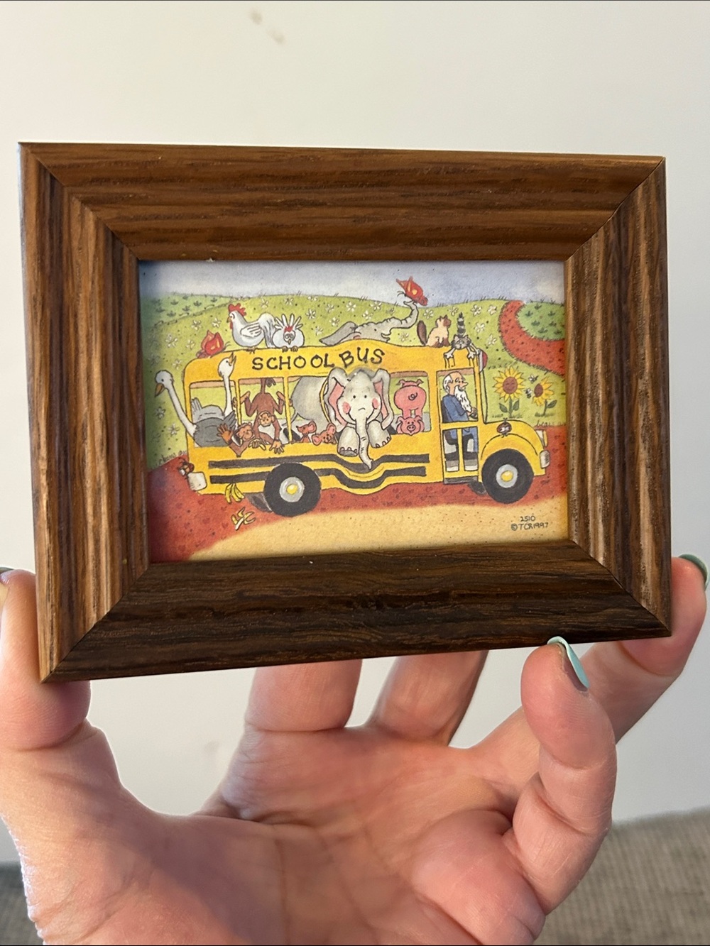 Noah and his ark animals on a yellow school bus framed mini art TCR1997
